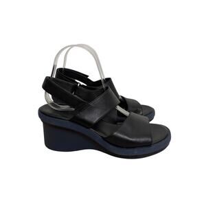Camper Kyra Wedge Sandals Womens 8.5 39 Black Leather Multi-Strap Navy Sole